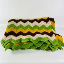 Handmade Afghan Lap Throw Blanket Green, Gold, Brown, Cream, Zigzag