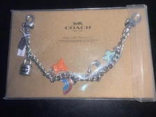 COACH CW662 Silver Swagger Chain With Charms Flower, Bear, C, Rainbow, Lock
