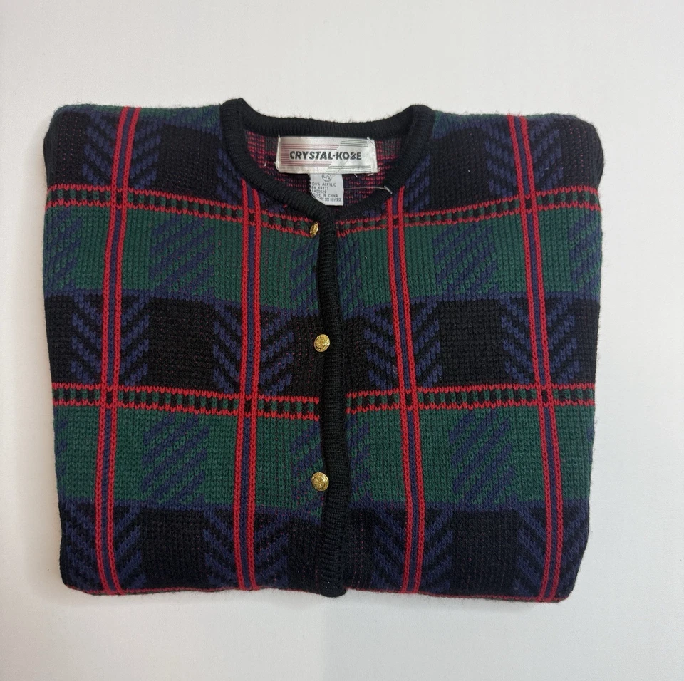 Crystal-Kobe Mujeres Grande Rojo Azul Verde Cuadros Navidad Vintage Suéter Cárdigan Foto 3 de 4