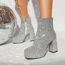Women's Ankle Boots Glitter Sequins High Top Block Heel Performance Stage Shoes