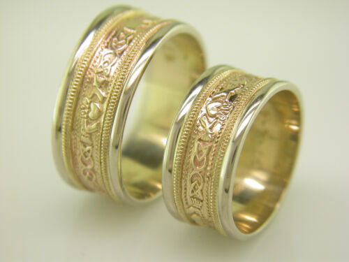 14k Gold & White Gold Irish Handcrafted Claddagh Celtic Wedding Ring Set 9mm 9mm - Afbeelding 1 van 4