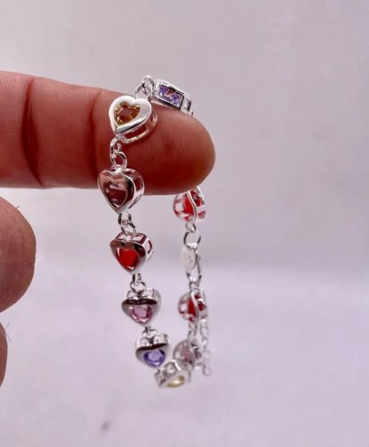 925 sterling silver multi - color stone heart bracelet 8'' adjustable
