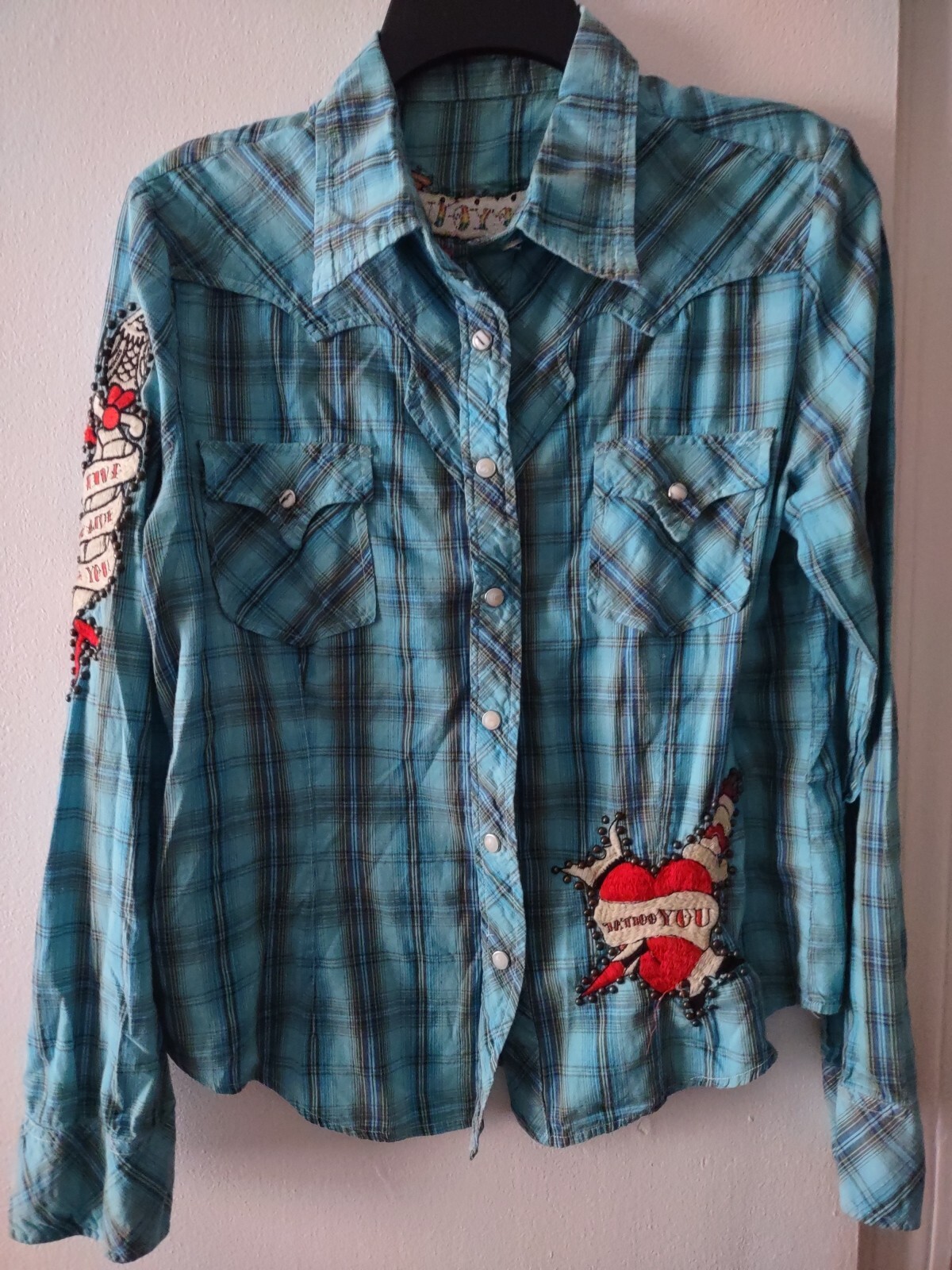 Women's Blue Sleeve Tattoo Print Dress Shirt-image