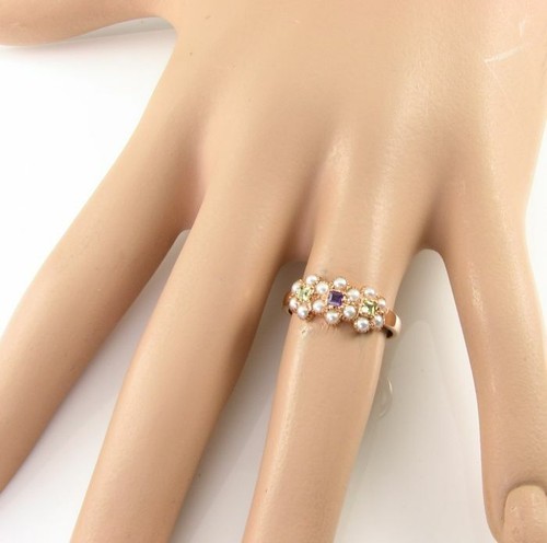 SUFFRAGETTE 9K 9CT ROSE GOLD AMETHYST PERIDOT PEARL 3 DAISY ART DECO INS RING - Picture 5 of 6