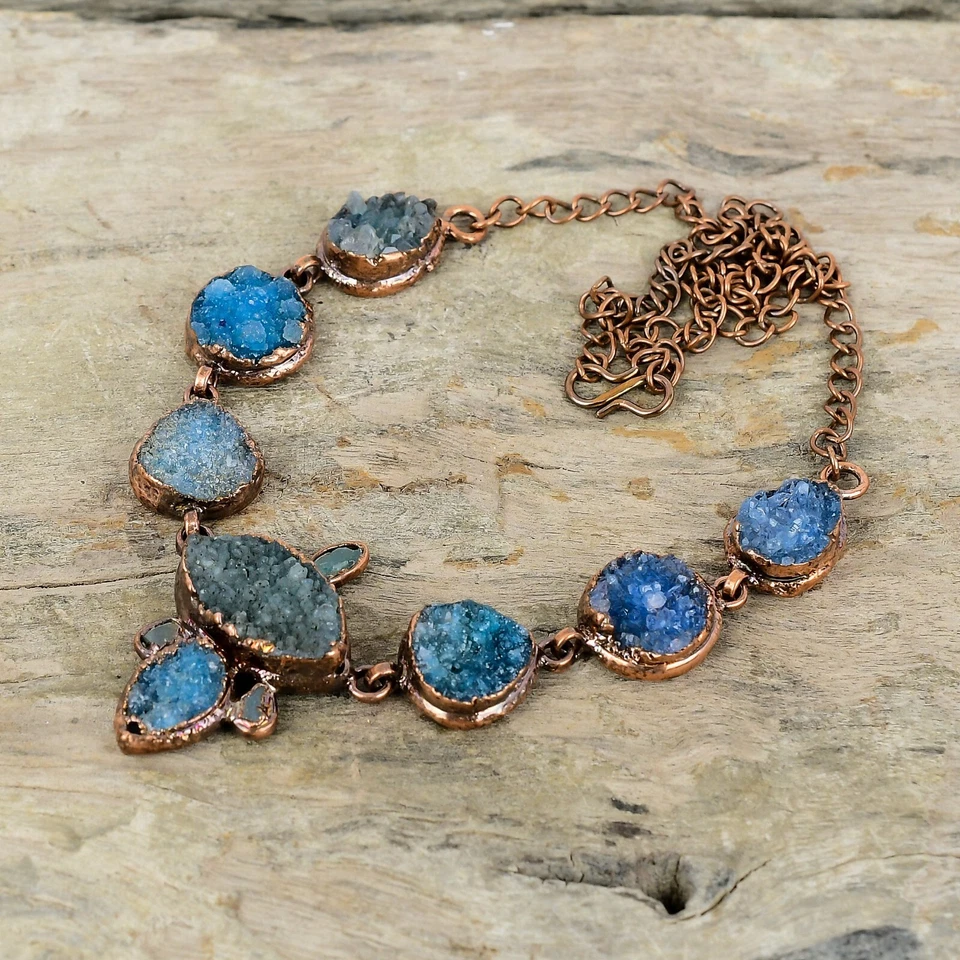 Collar ajustable cadena electroformada regalo cobre azul druzy 18,0" Foto 4 de 4