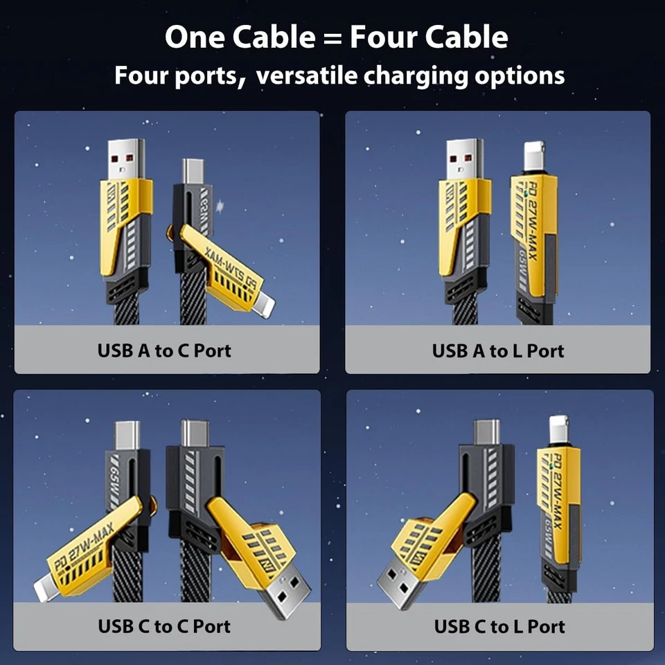 4Ft 65W 4 in 1 Multi Charging Cable Flat Braided USB C Charge Cord Data Transfer - Image 2 of 4