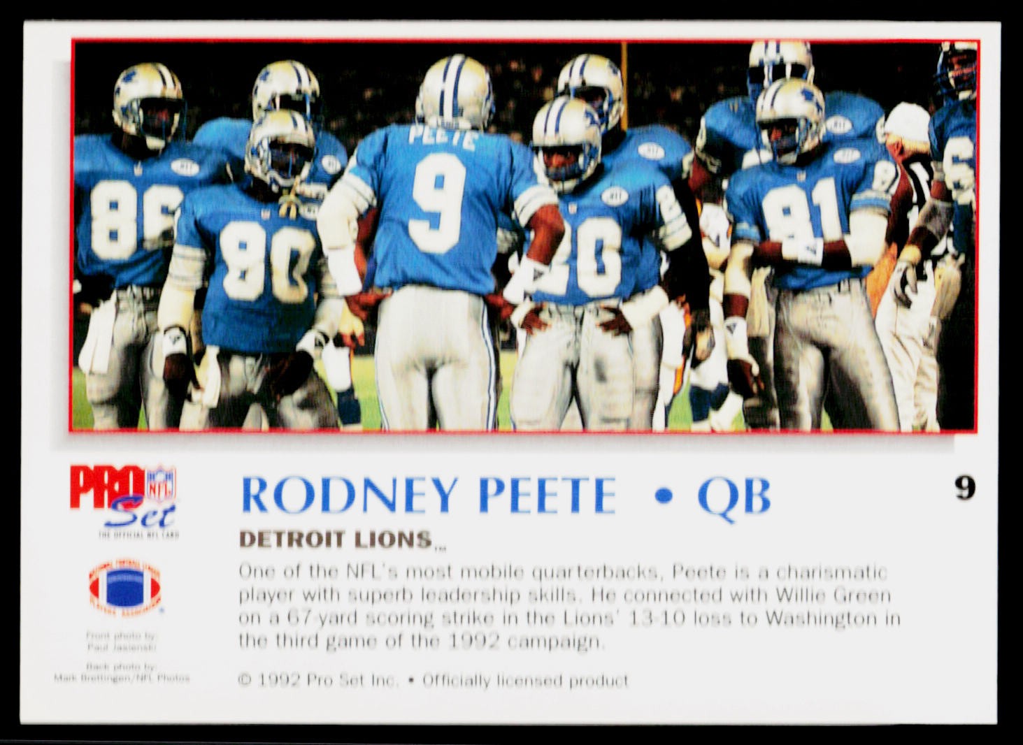 Rodney Peete, 1992 Pro Set Power, #9, Detroit Lions,
