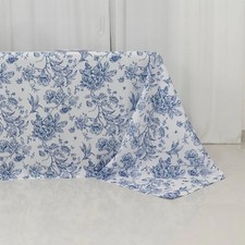 WHITE BLUE 90" x 132" French Toile Pattern Polyester Rectangular Tablecloth