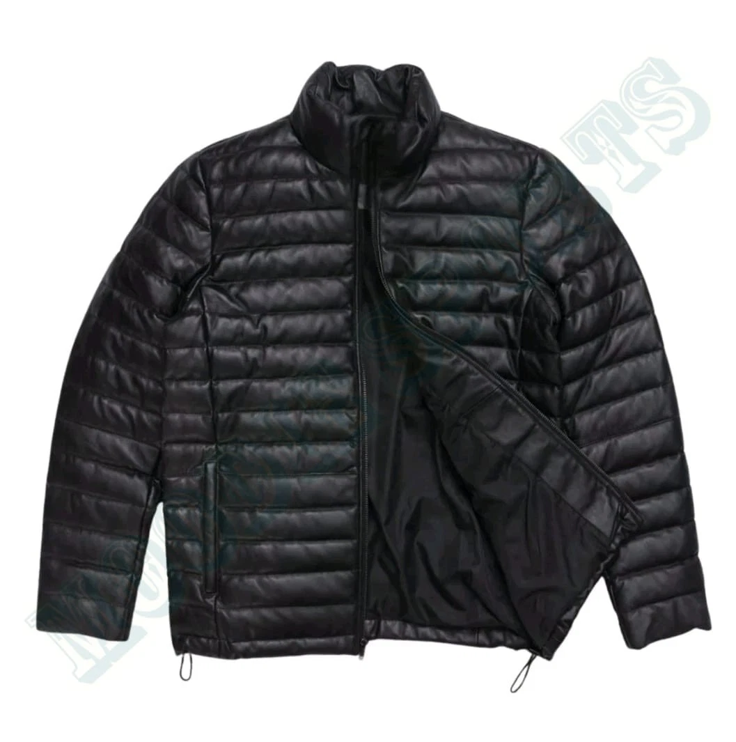 Men Genuine Lambskin Distressed Black Leather Puffer Down Padded Quilted Jacket