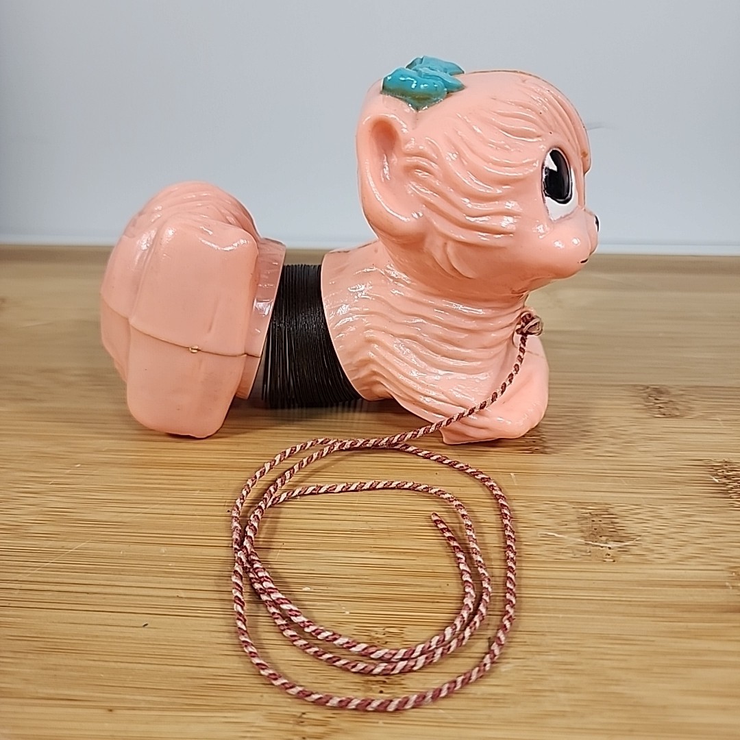 Vtg Slinky Kitty Cat Pink w/ Blue Bow Original Pull String Vintage Plastic Toy