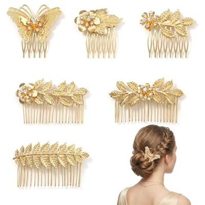 6PCS Gold Rhinestone Leaf and Butterfly Hair Combs Set with  display picture 3