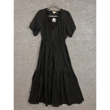 NWOT Elan Black Cotton Button Front Tiered Maxi Dress Tassels Size S