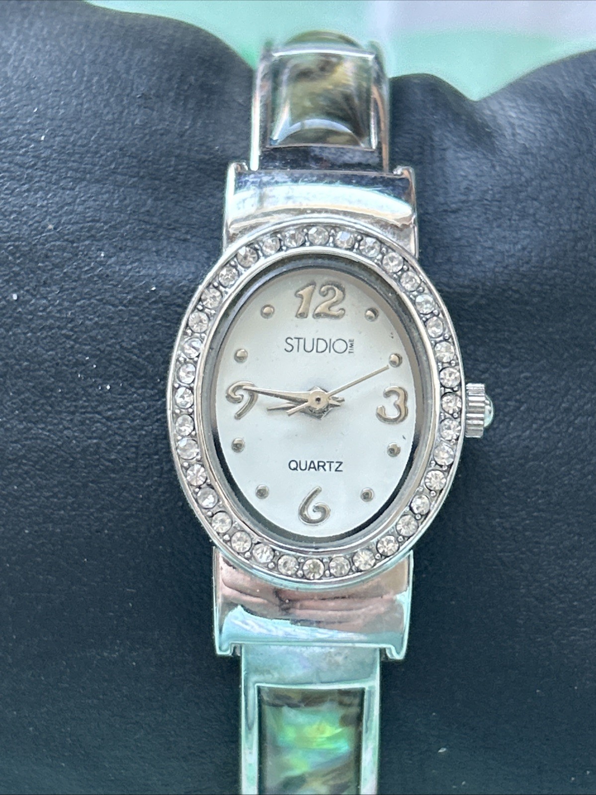 Studio Time Silver Tone Abalone Accented Band Women’s Cuff Watch