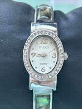 Studio Time Silver Tone Abalone Accented Band Women  s Cuff Watch