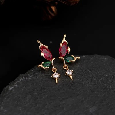 2.50Ct Lab-Created Ruby Butterfly Wing Dangle Earrings In 14K Yellow Gold Plated