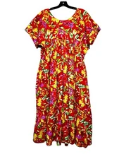 Vintage Go Softly Orange Tropical Floral Shirt Sleeve Midi Dress Size Large