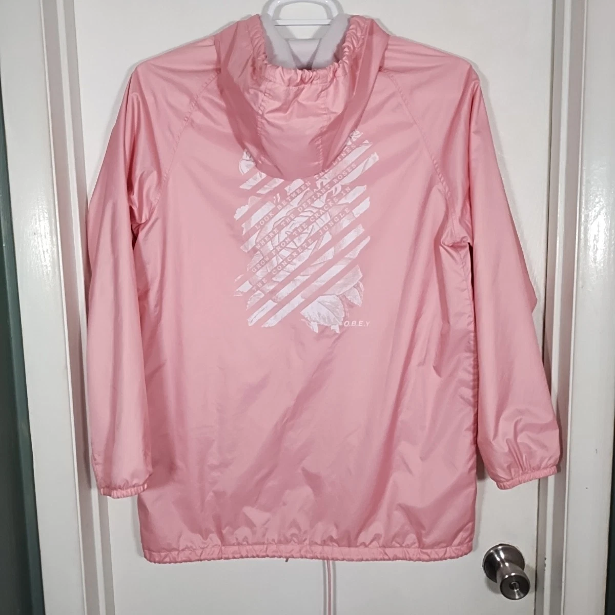 Obey Worldwide L Pink Snap Up Jacket Rain Coat Wind Breaker Hood Defiant Rose