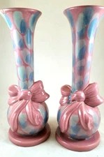 Vtg Royal Haeger Art Pottery Pair Of Large Vases Pink Drip Over Blue. USA-14"