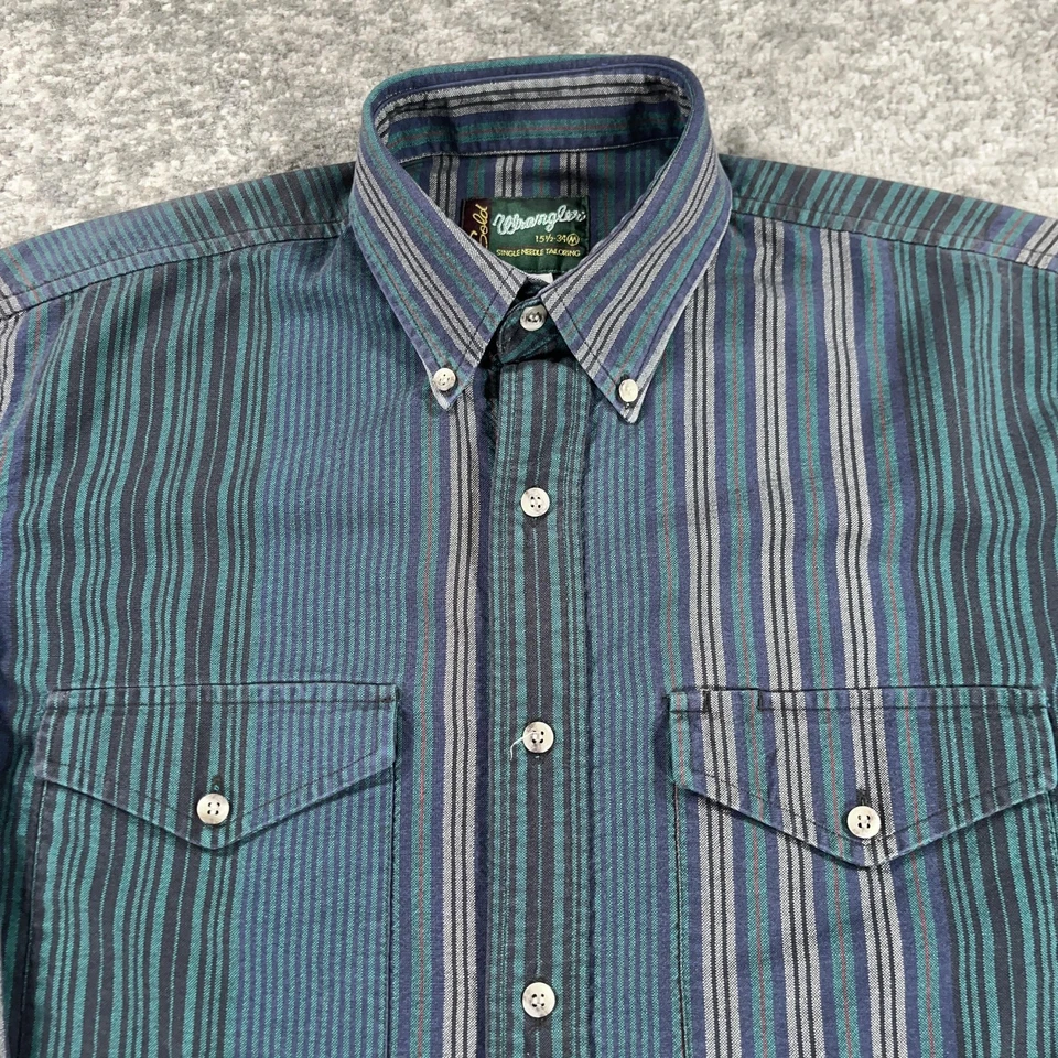 VTG Wrangler Shirt Mens Medium M Blue Green Stripe Gold Logo Western Button Down - Image 2 of 4