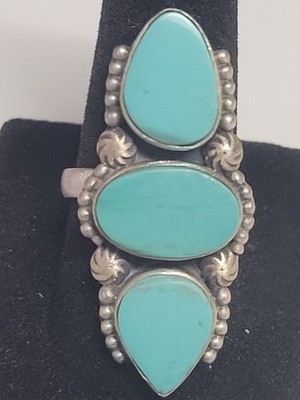 Royston turquoise triple stone adjustable ring-  SS 925 - handmade