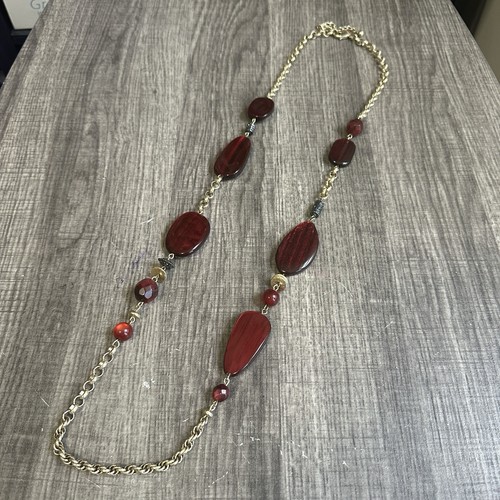 Chico's red acrylic gem and gold-toned metal fashion statement necklace, pre-own