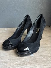 Chanel Black Suede Platform Pumps with Patent Leather Cap Toe size 37.5