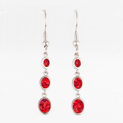 3 Oval Shape Red Fire Opal Silver Jewelry Dangle Drop Earrings