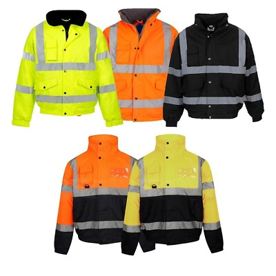 Men Hi-Vis Visibility Viz Bomber Jacket Waterproof Safety Work Wear | 2 ...