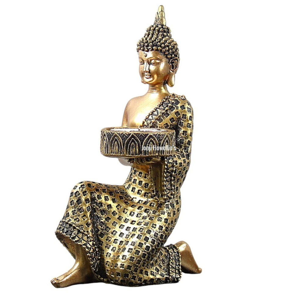 Thai Buddha Candle Holder Meditating Ornament Gold Sculpture Tea Light Zen Home - Image 2 of 4