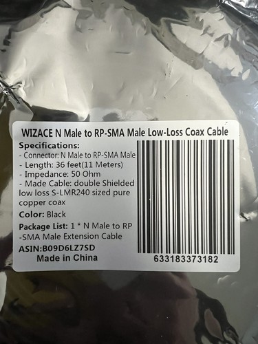 36Ft 50 Ohm Low-Loss Coax Cable – N Male to RP-SMA Male – Black Antenna - Picture 4 of 12