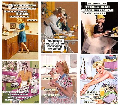 Set of SIX Retro Coffee Humor Ads Fabric Block Collage - BUY 2, GET 1 FREE!