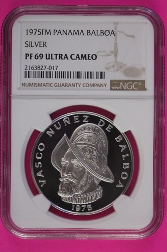 1975 Panama PF 69 Ultra Cameo Proof Silver Balboa NGC Certified Graded Slab 1000