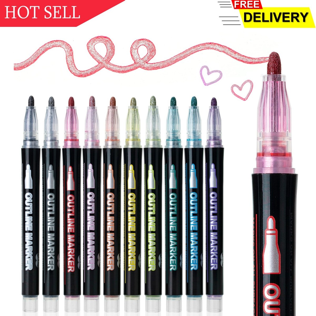 Mr. Pen- Double Line Outline Markers, 10 Colors, Shimmer Markers