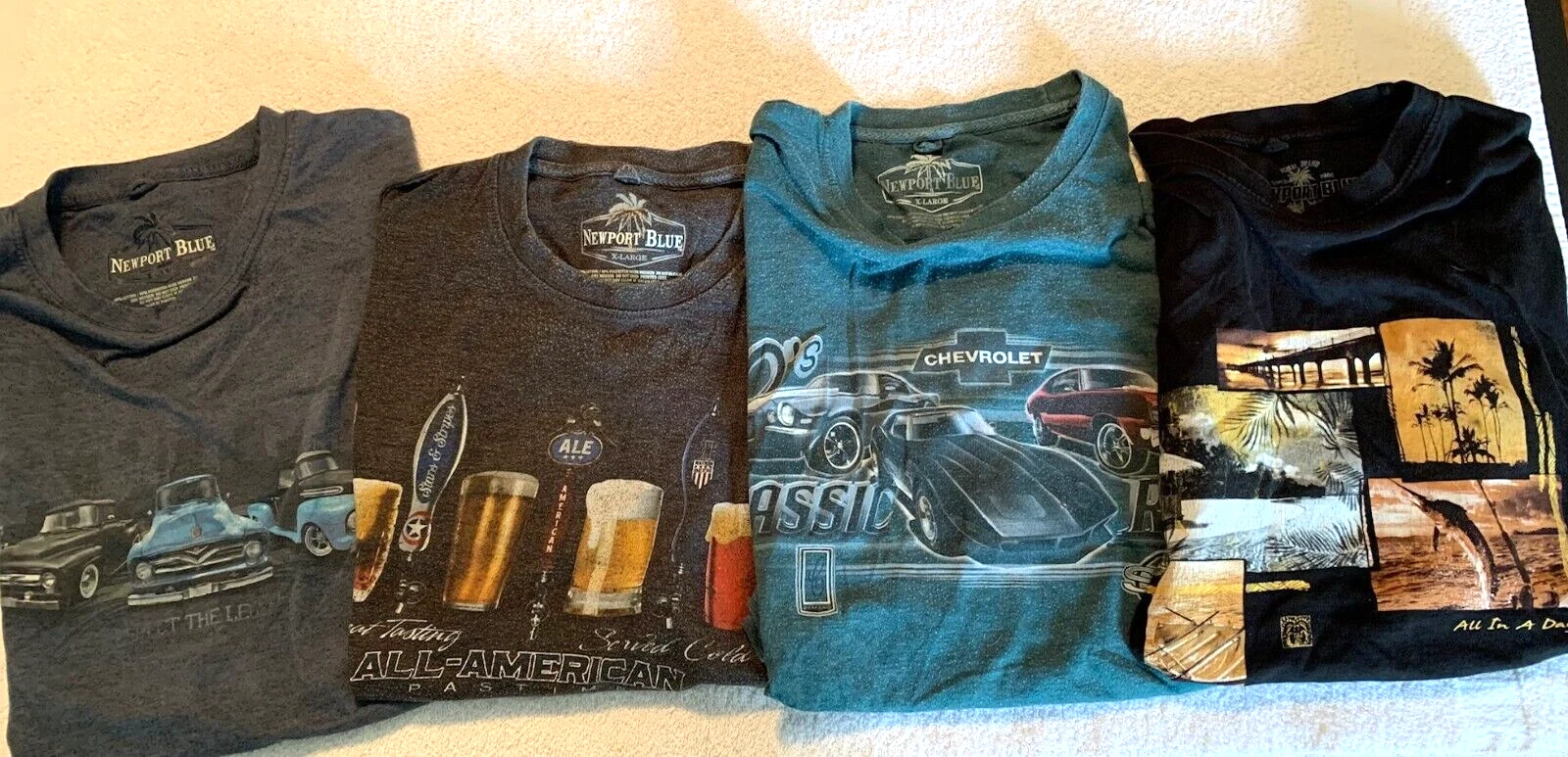 Lot of 4 NEWPORT BLUE Men's T-SHIRTS Size XL Classic Cars, Beer & Fishing sz XL