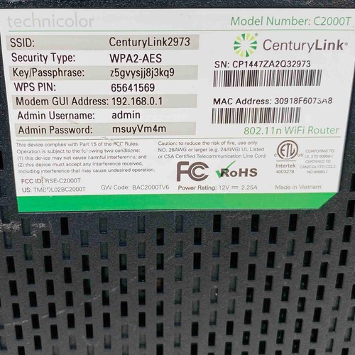 CenturyLink C2000T Kabellos 802.11n ADSL2 + VDSL Gpon Modem Router W/Adapter - Bild 9 von 9