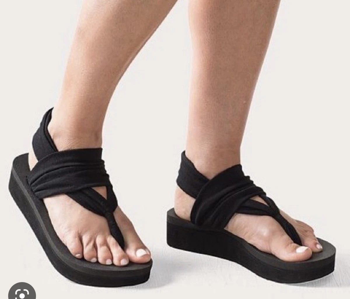 Sanuk Size 6 Yoga Sling Wedge Black On Black Yoga Mat Sandals Womens Girl  New