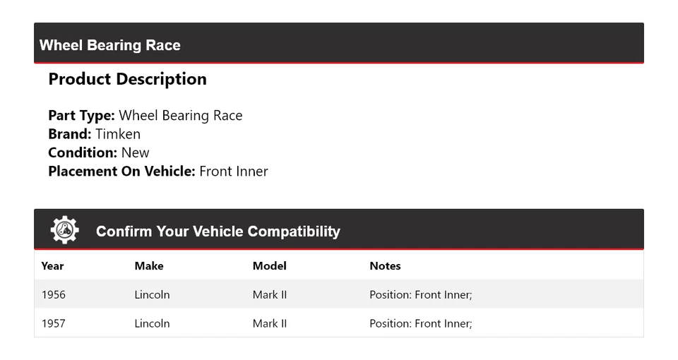 Cojinete de rueda delantero interior Timken para Lincoln Mark II 1956-1957 Foto 2 de 4