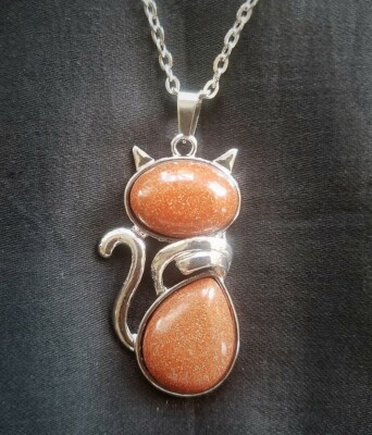 Copper Goldstone Ginger Cat Pendant Silverplated chain, Reiki, Bast, Cat Magic!