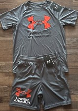 NWT Under Armour YMD Dark Gray/ORange/Black BIG LOGO Shorts Set Medium