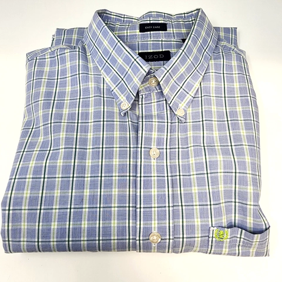 Camisa masculina Izod com botões grande – listra xadrez verde azul manga longa top - Imagem 3 de 4