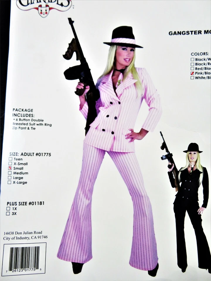 Charades Gangster Moll Traje Disfraz Rosa Negro Rayas con Corbata Damas Pequeño Foto 2 de 4