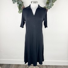 Elie Tahari Womens Dress L Black Rib Knit Polo Collar Midi Short Sleeve A Line