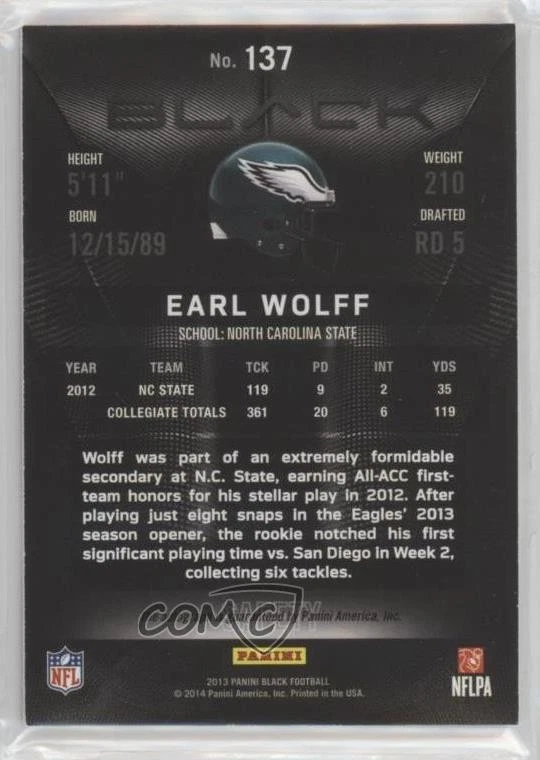 2013 Panini Black Rookie Signatures /199 Earl Wolff #137 Rookie Auto RC - Image 2 of 2