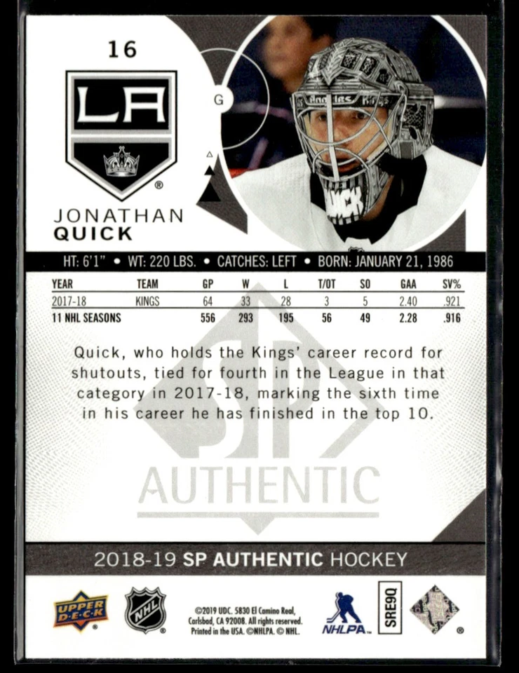 2018-19 SP Authentic Red Jonathan Quick #16 - Image 2 of 2