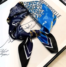 100% Silk Mulberry Scarf Neckerchief Shape Blue woods Print Bandana 53X53cm wrap