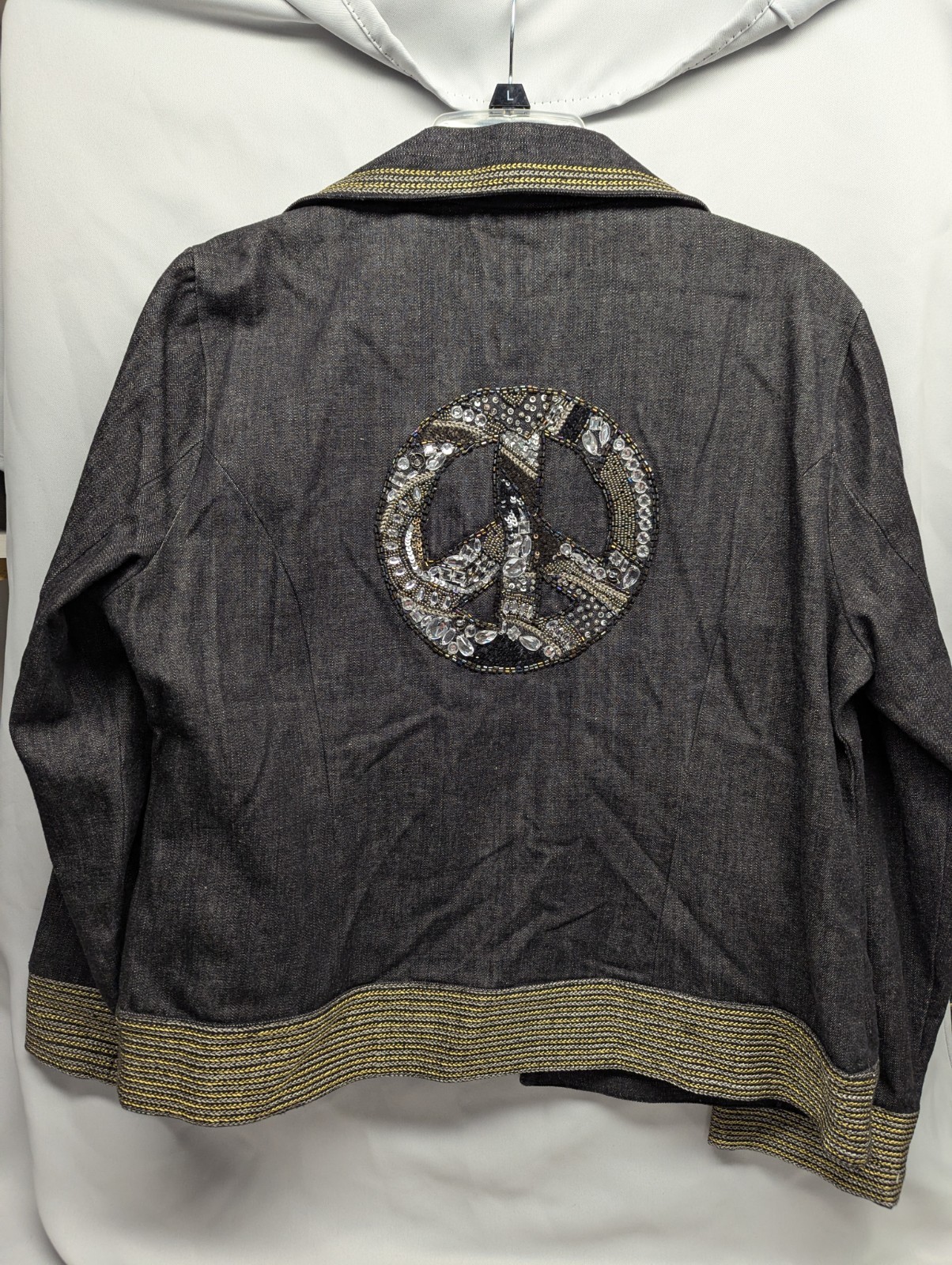 Bleu Bayou Women's Beaded and Embroidered Jean Jacket Size L Peace Sign Design