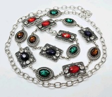 Jeweled Hip Chain Belt Multicolor Rhinestone Silver tone Metal Belly Dancer OSFM
