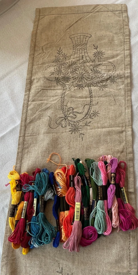 Vintage Irish Linen Table Runner To Embroider & Selection of Threads - Image 3 of 4