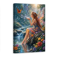 Fairy Blowing Bubbles Butterfly River Flower Wall Art Canvas Poster Print