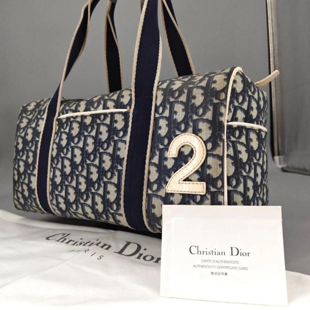 Mini sac Boston motif trotteur Christian Dior bleu marine numéro 2 logo beige rare